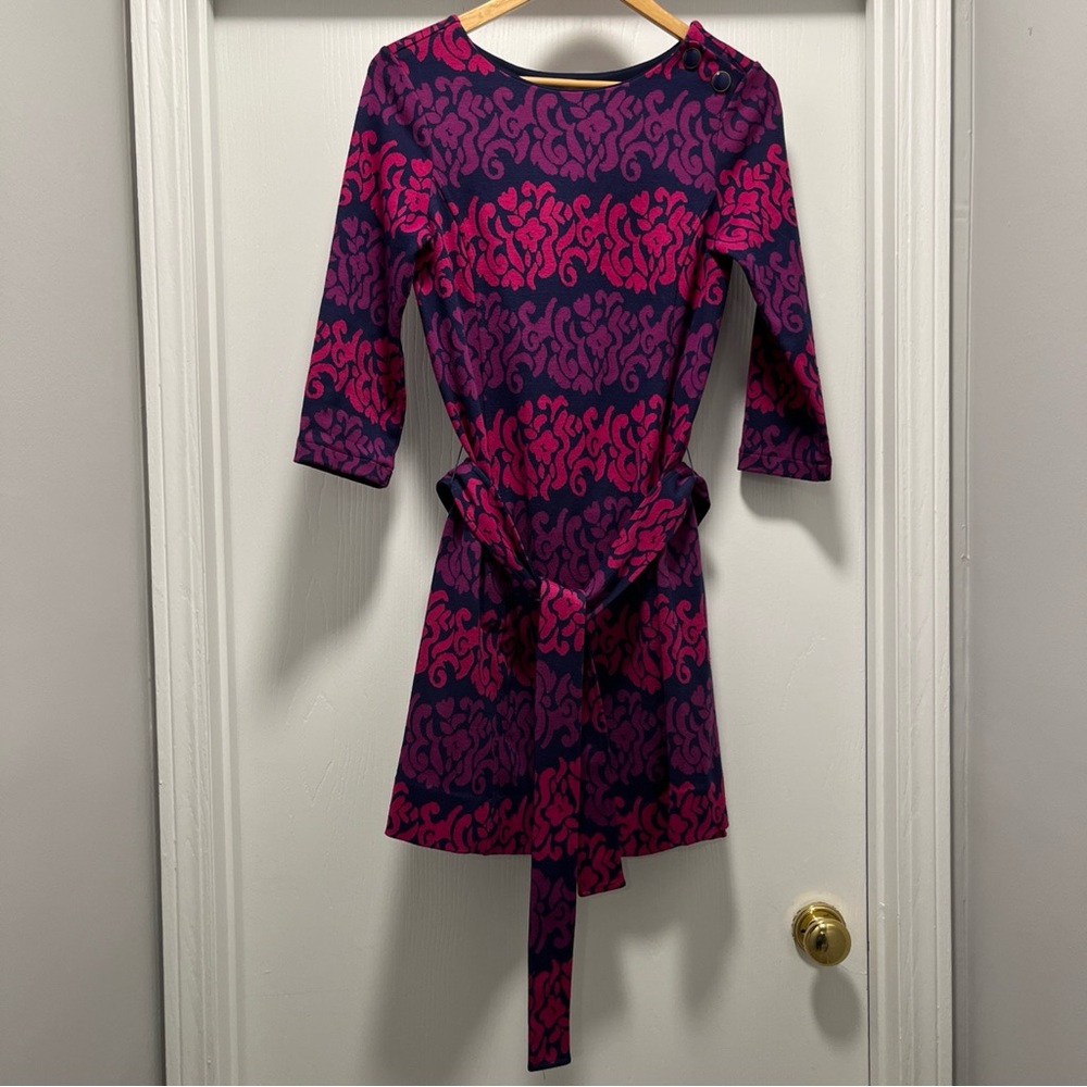 Lilly Pulitzer Dress Womens M Jonah Jacquard Sweater Purple Pink Navy Belted